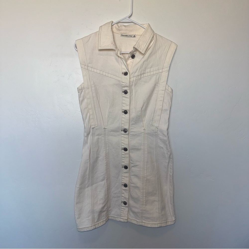Women's Abercrombie Collared Denim Shift Mini Dress Button Up Small Cream - Picture 3 of 7